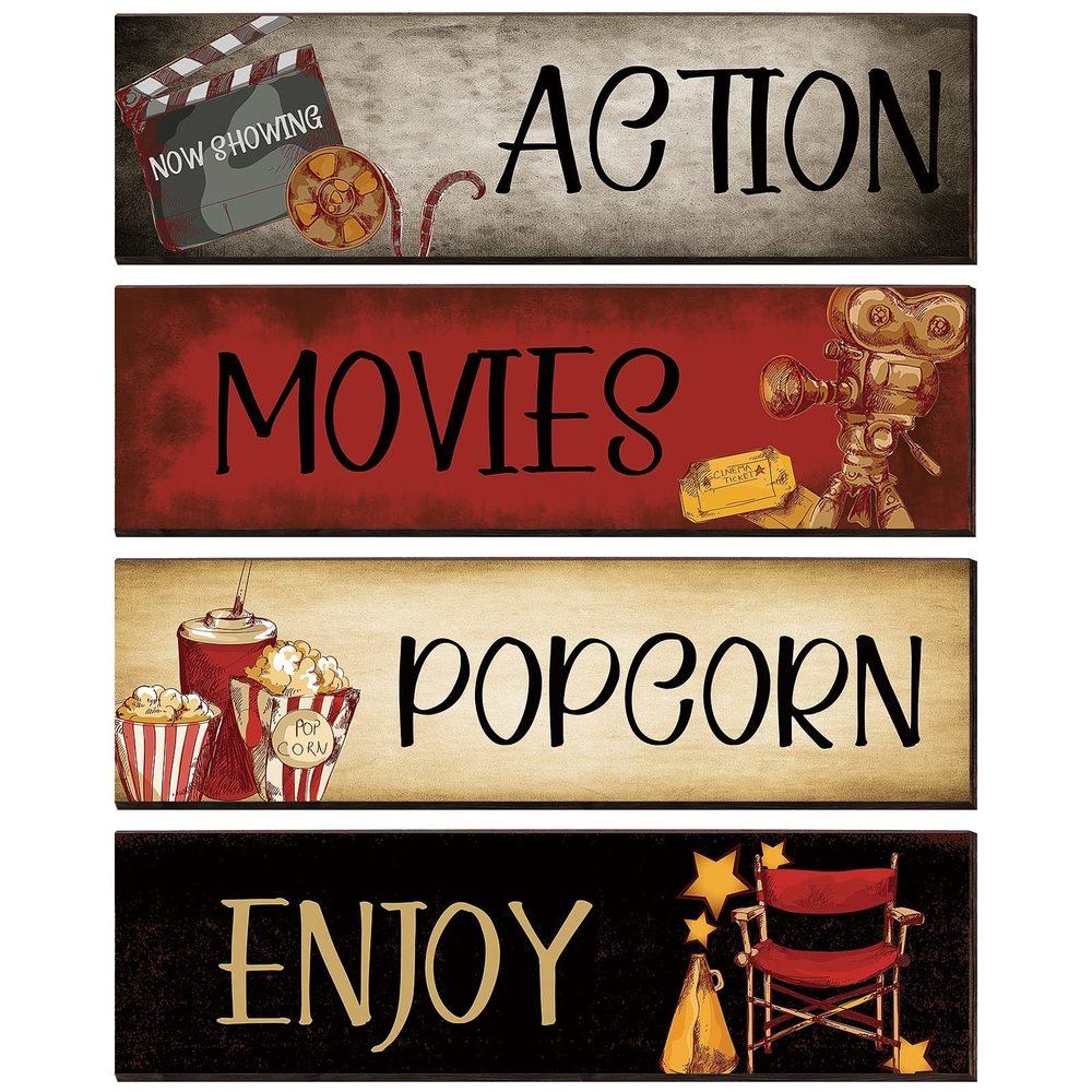 4 Pieces Movie Theater Decor Wooden Home Theater Decoration For Popcorn Enjoy🙈